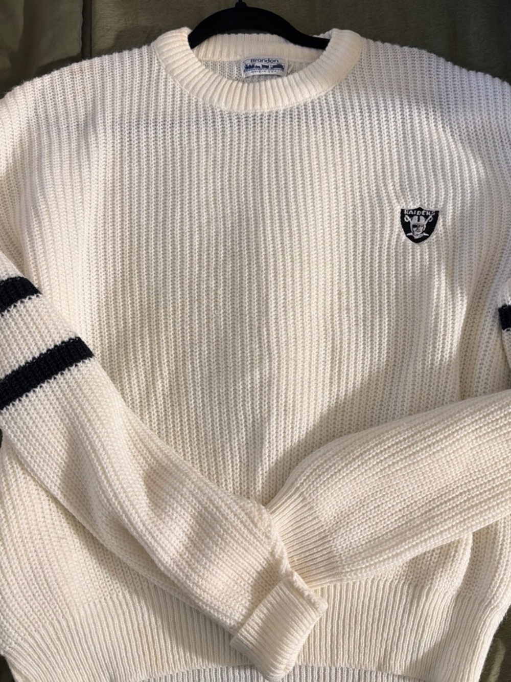 STARTER Cream Crewneck Sweater with Black Sleeve Stripes and Patch